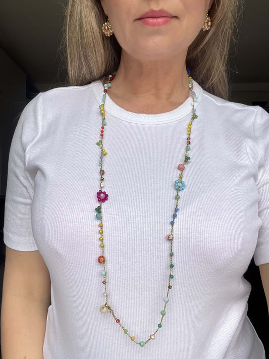 Collana floreale artigianale regolabile, stile boho chic, versatile 2 giri