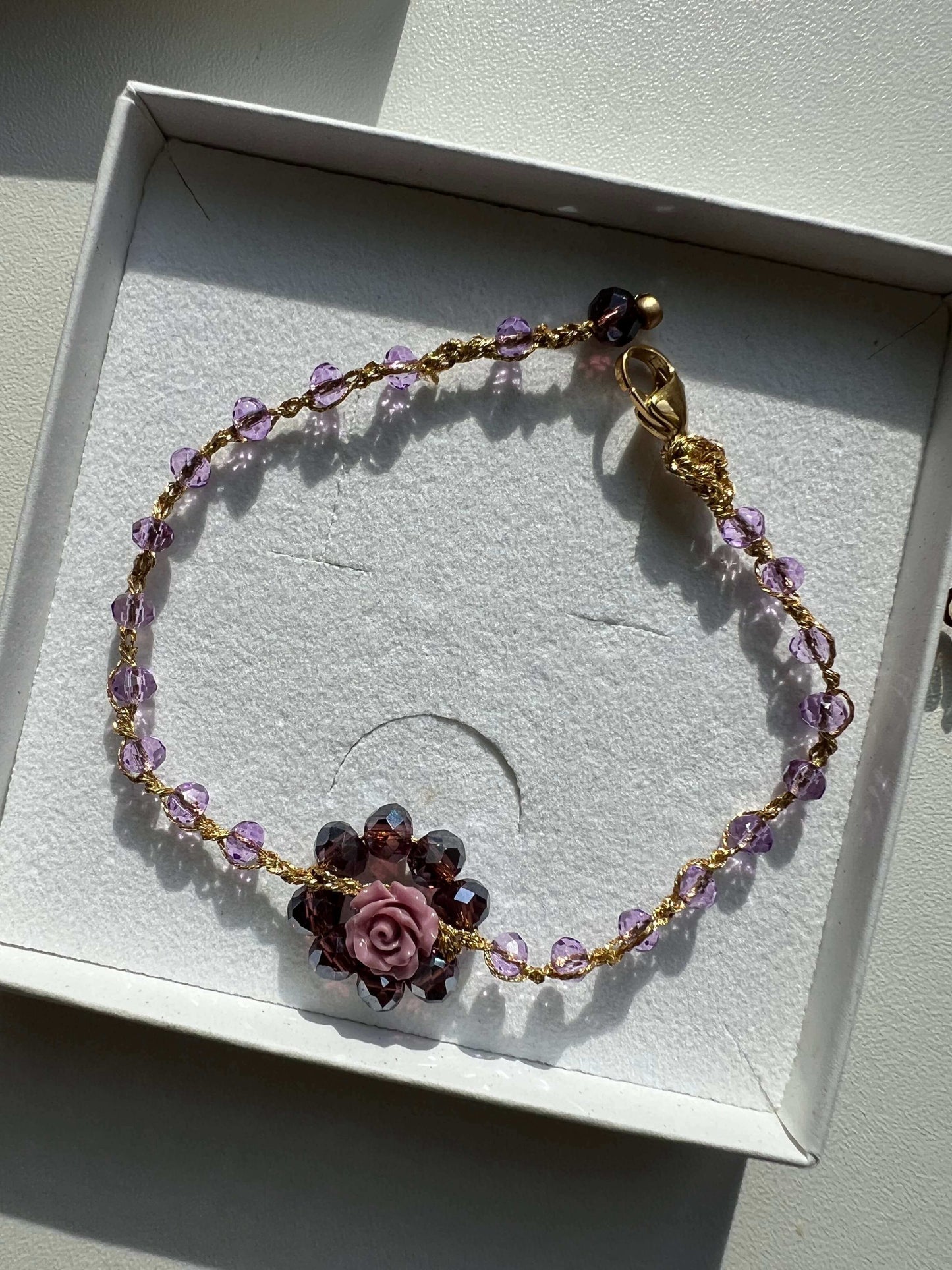 Elegant Adjustable Bracelet with Crystals and Handmade Coral Rose