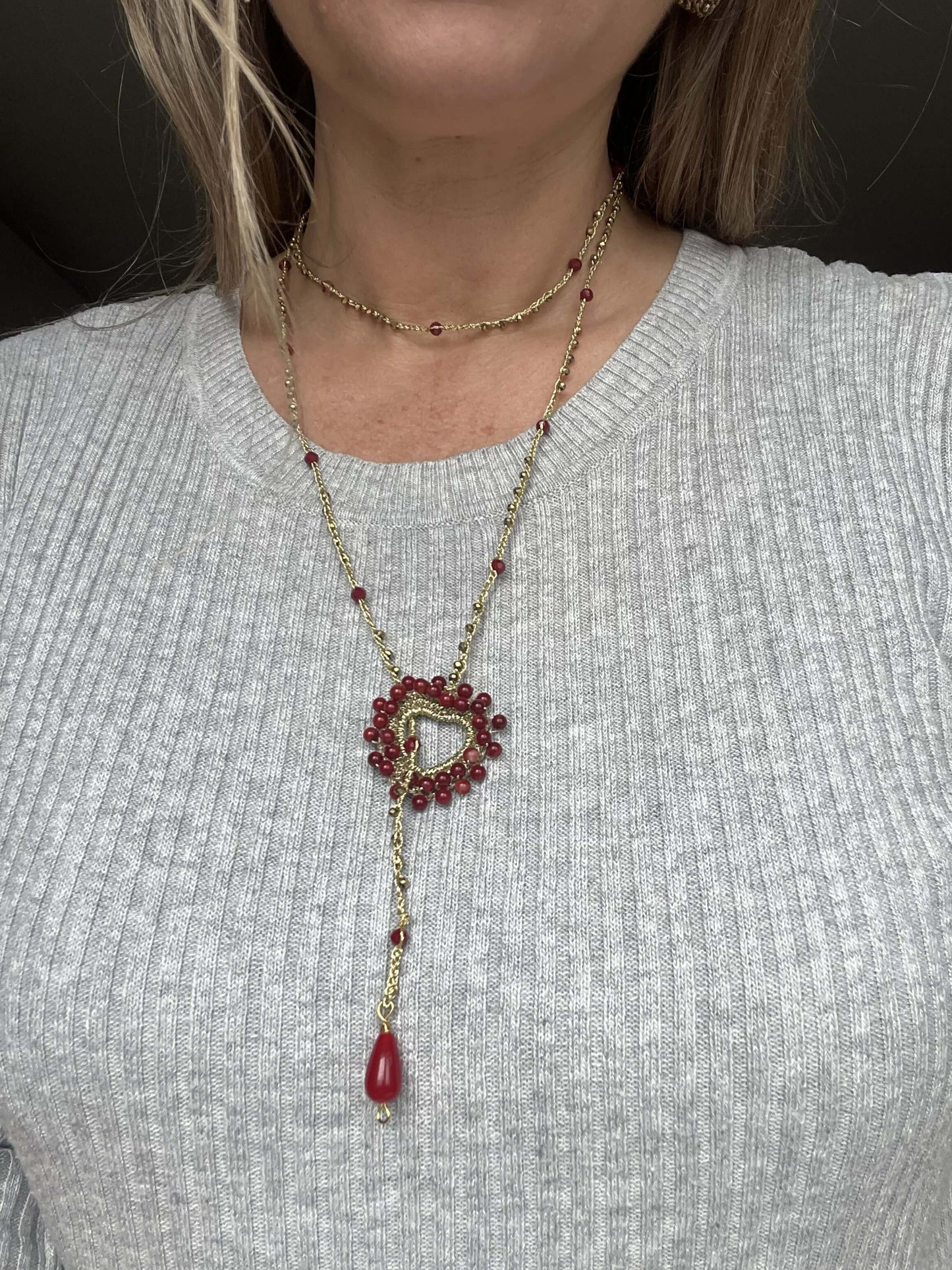 Elegant Coral Heart necklace handmade, dark coral tones and gold details, feminine jewelry for soft luxury everyday looks