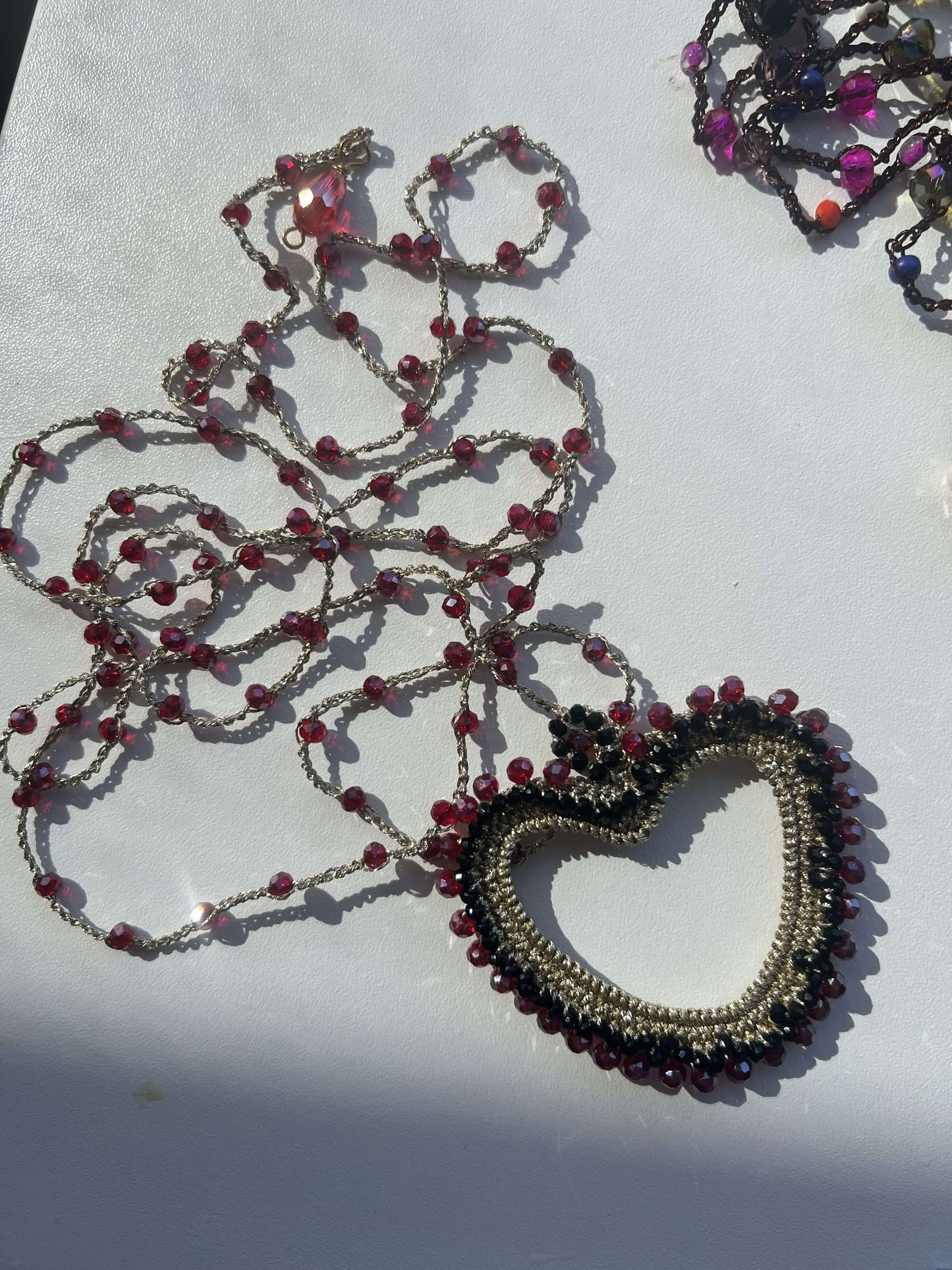 Red and black crystal heart necklace, bold elegant jewelry for women, statement piece for edgy and sophisticated style