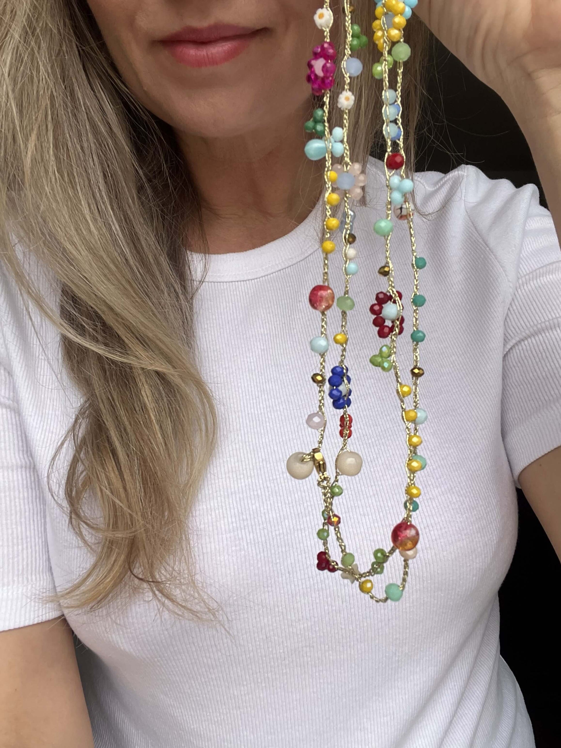 Gioiello boho con fiori colorati, collana lunga trasformabile in bracciale