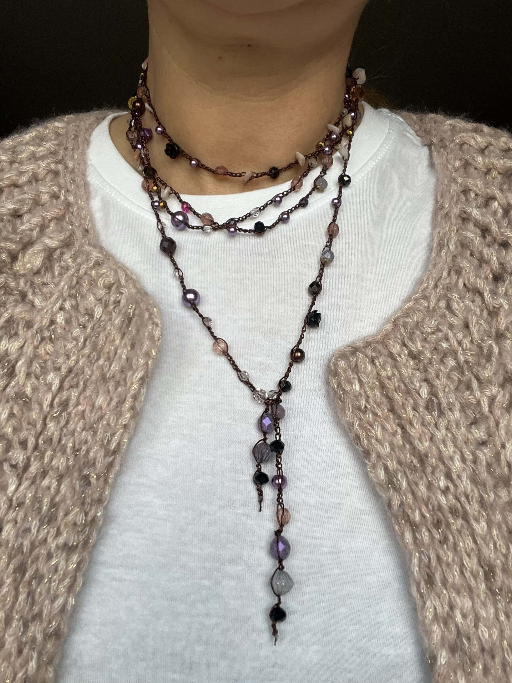 Long bohemian crystal wrap necklace, hypoallergenic and metal free, 190cm multi-way design handmade in Italy.