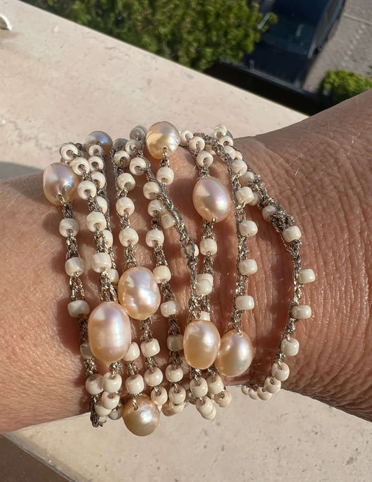 Long Boho Chic Necklace with Toho Beads and Blush Pink Freshwater Pearls