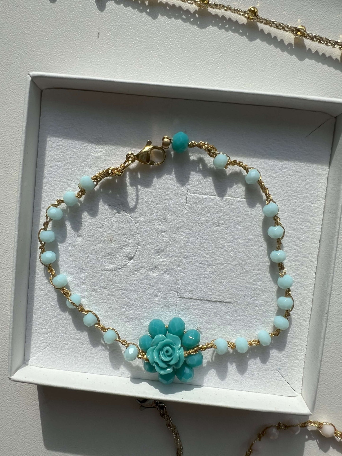 Elegant Adjustable Bracelet with Crystals and Handmade Coral Rose