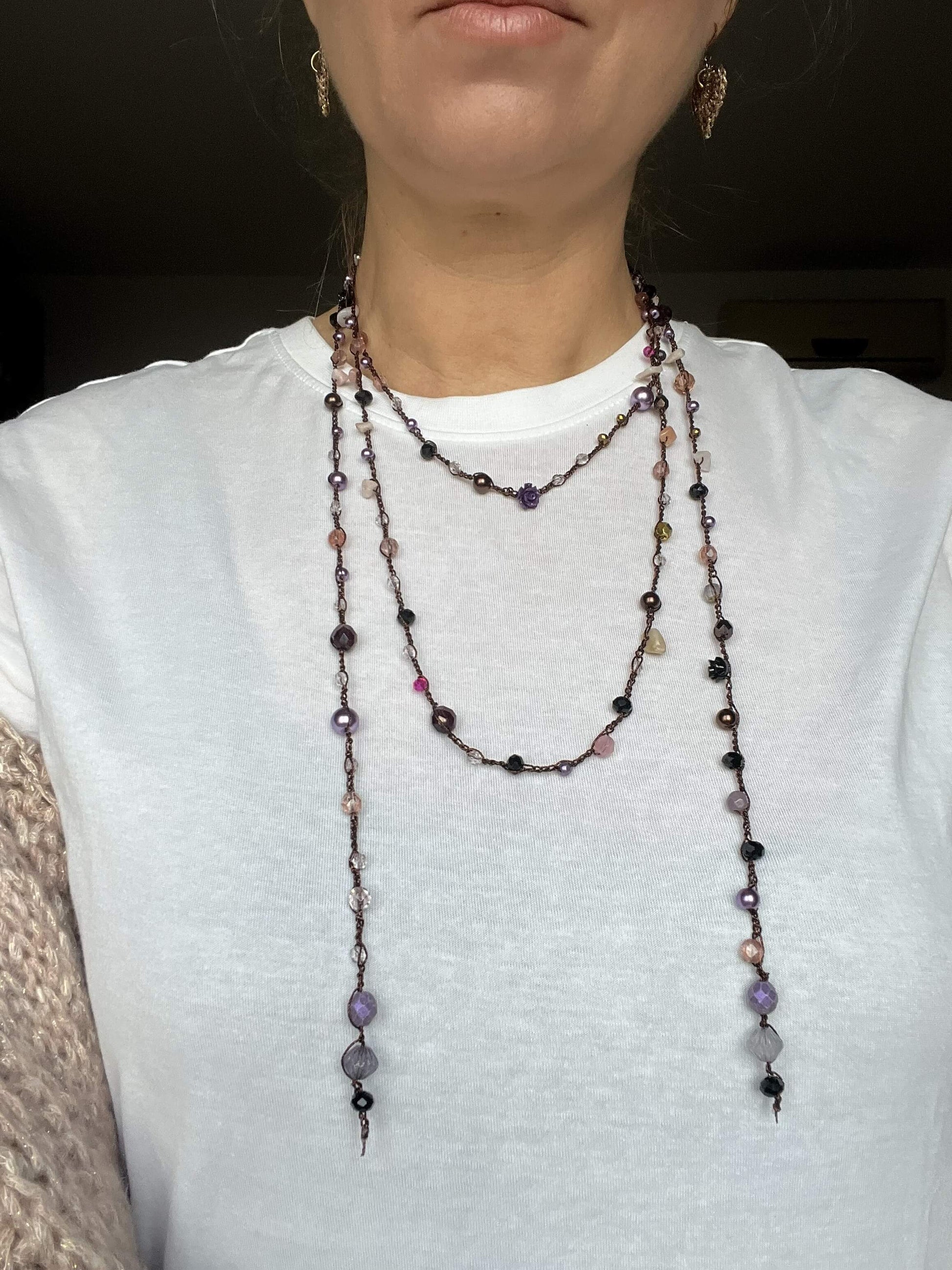 Buy long crystal and pearl wrap necklace, metal free, hypoallergenic, convertible 190cm boho design.
