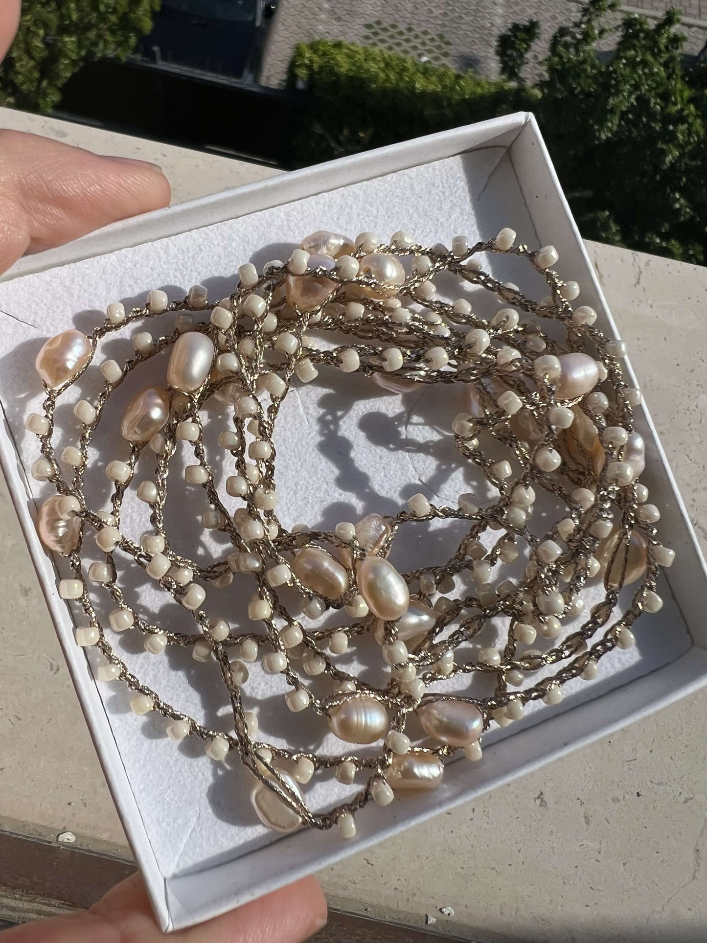 Long Boho Chic Necklace with Toho Beads and Blush Pink Freshwater Pearls