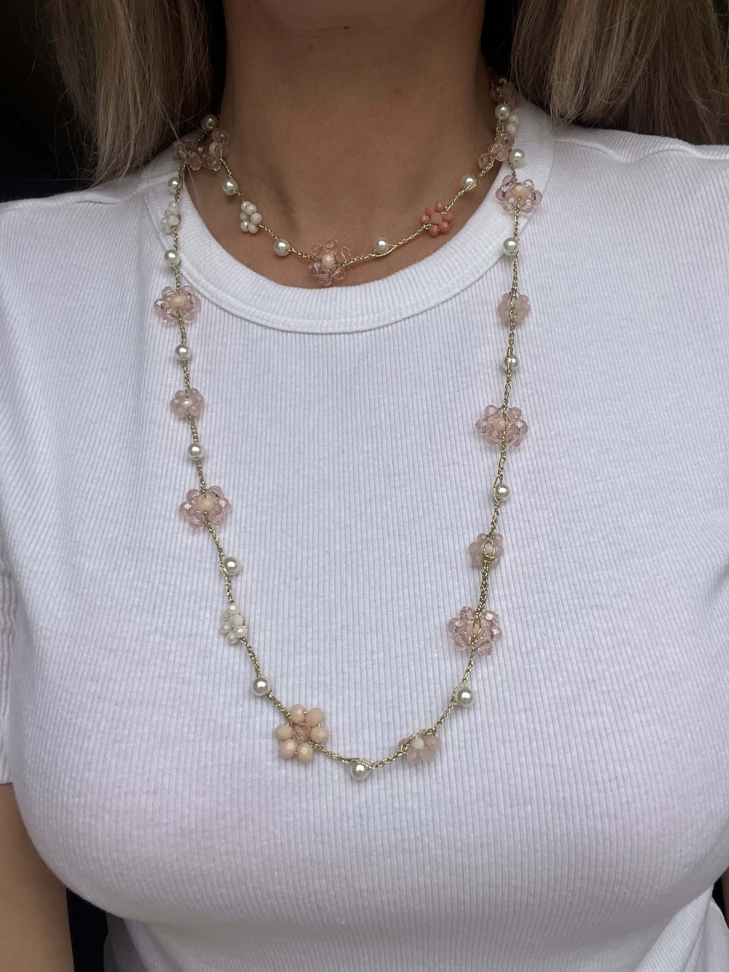 Pink Dream handmade crochet necklace with pink flowers, boho chic, long and versatile for layering or double wrap styling