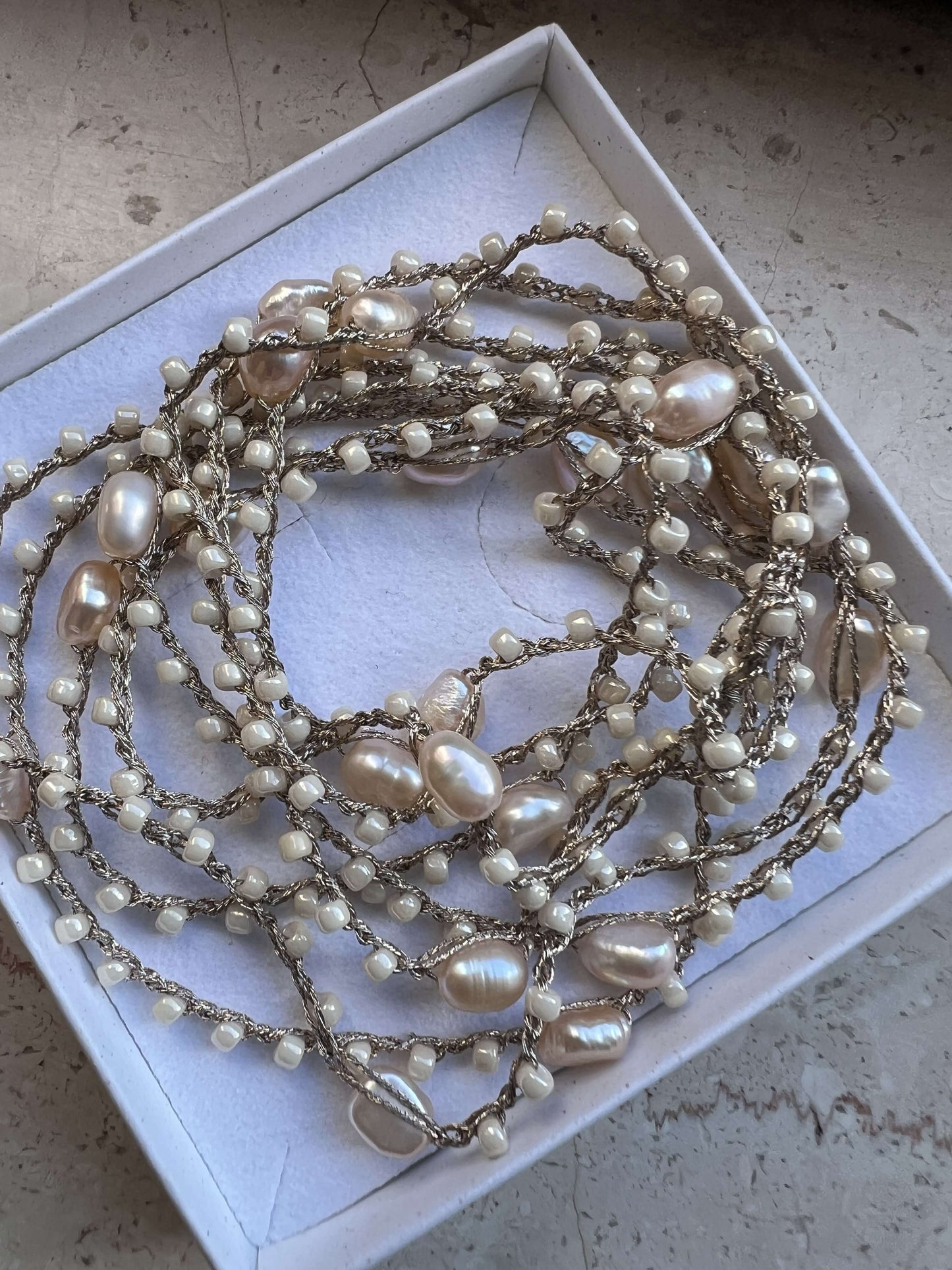 Long Boho Chic Necklace with Toho Beads and Blush Pink Freshwater Pearls