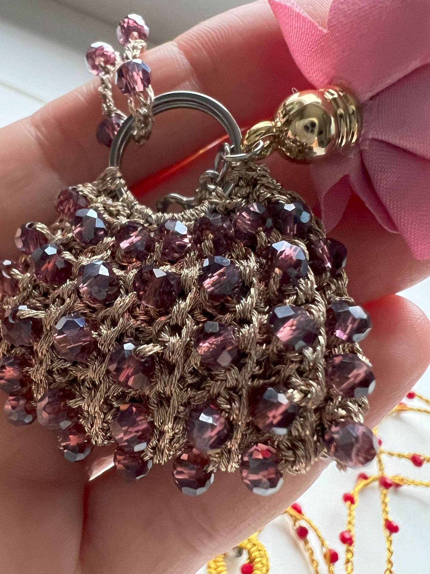  mini bag pendant necklace with purple crystals and floral charms –Handmade unique gift for women who have everything