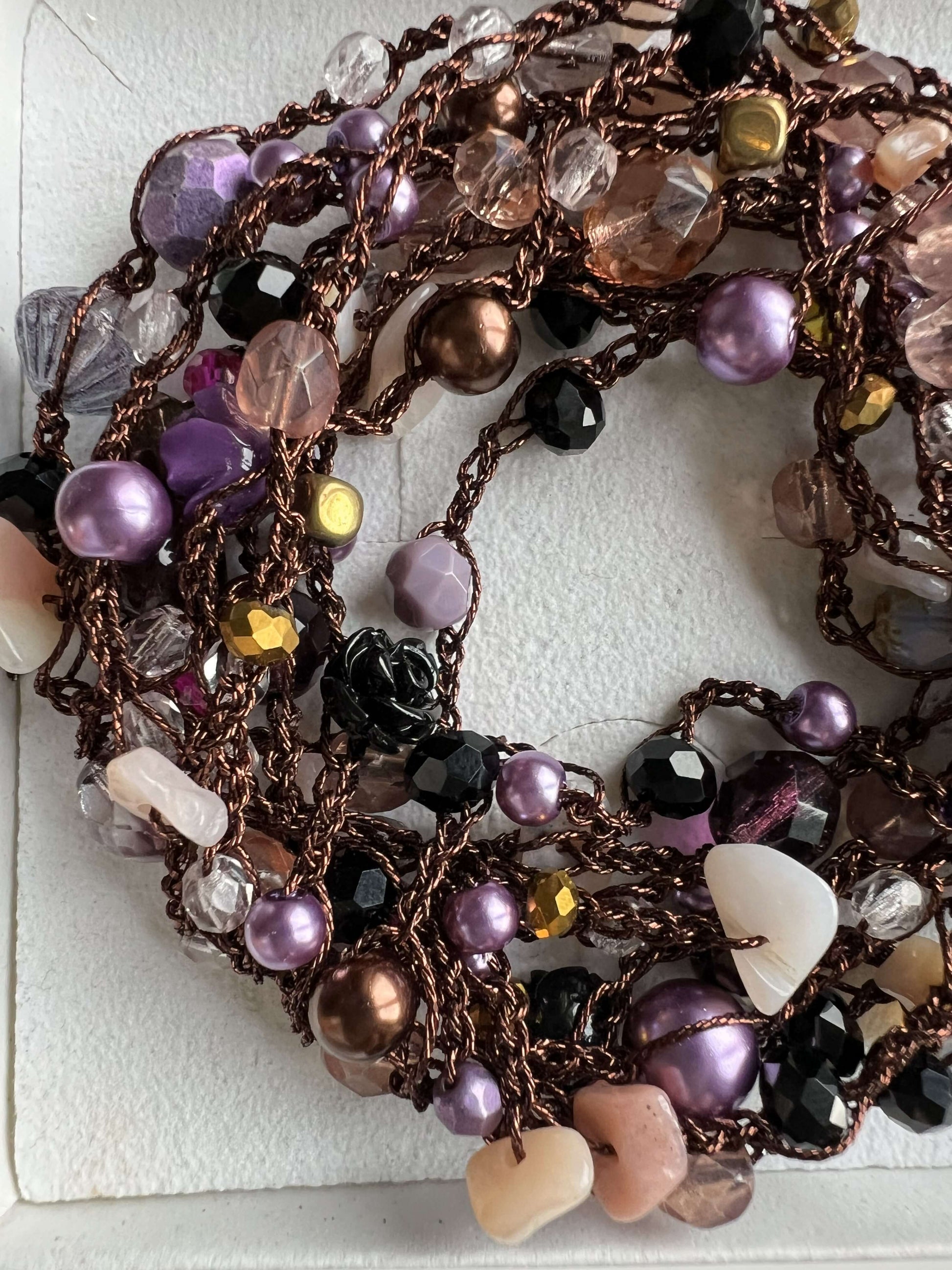 Convertible long wrap necklace with Bohemian crystals and pearls, no clasp, safe for sensitive skin.