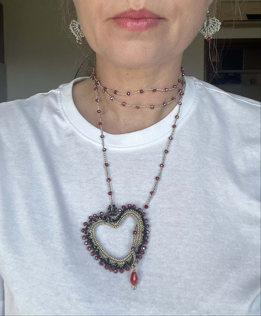 Dark Heart necklace red and black crystals, bold statement jewelry for women, elegant and edgy design perfect for standout looks