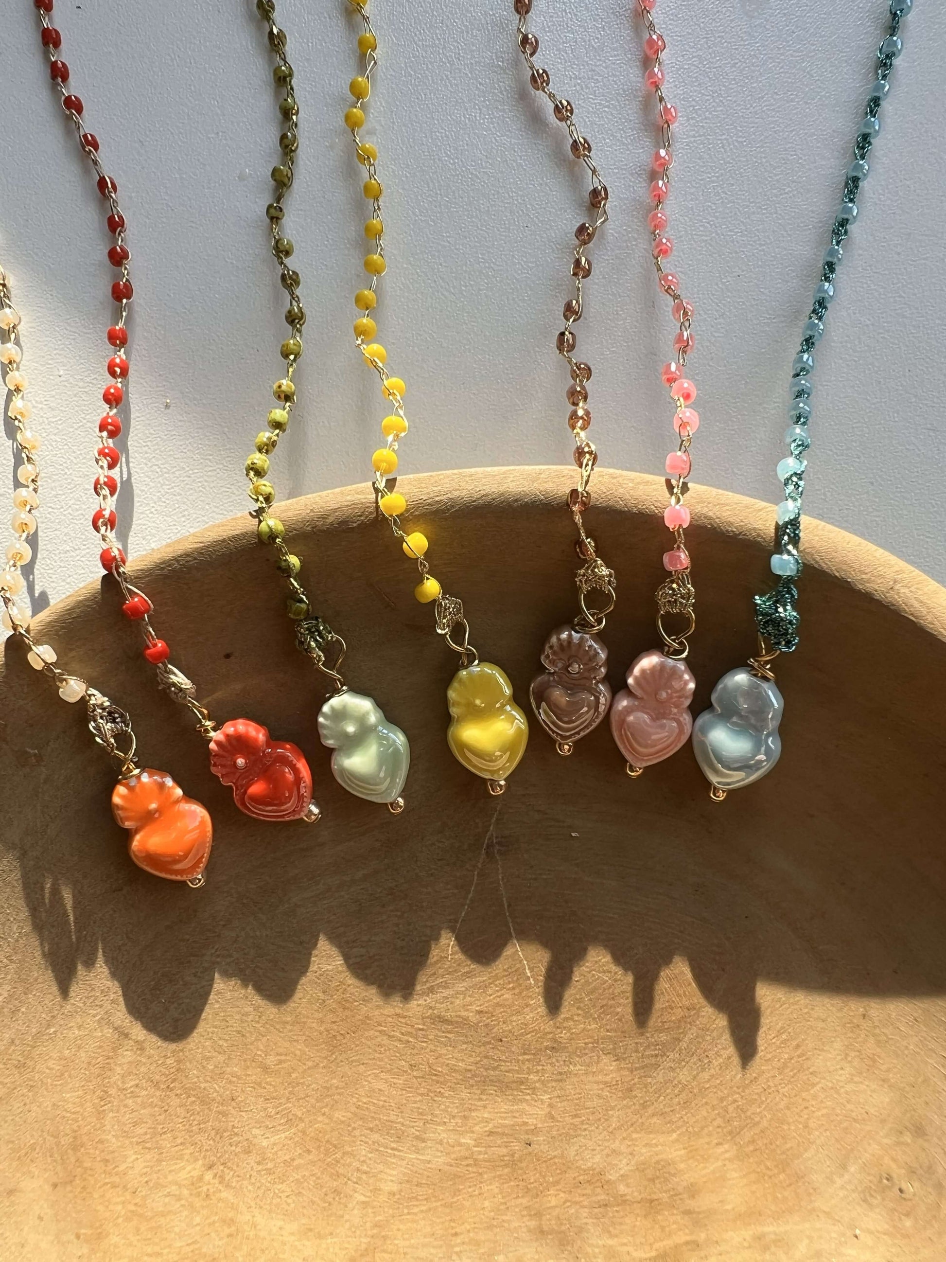 Valentine’s heart pendant with ceramic sacred heart and Japanese seed beads