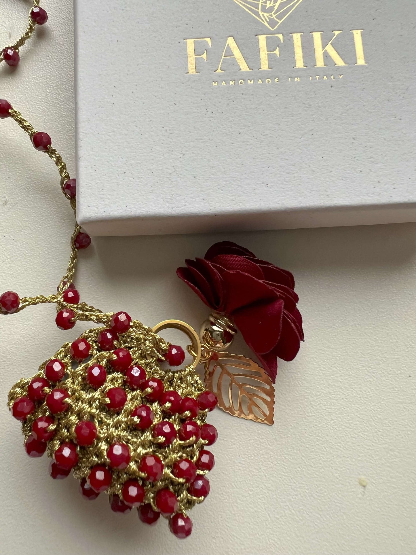 Handmade mini bag pendant necklace with burgundy crystals and floral charms – unique Valentine’s or special gift