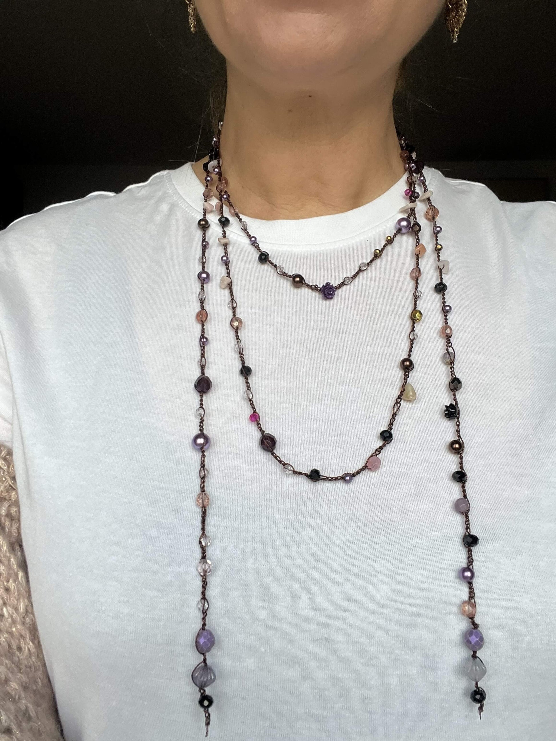 Handmade Italian boho wrap necklace, crystal and pearl beads, metal free and multi wrap design