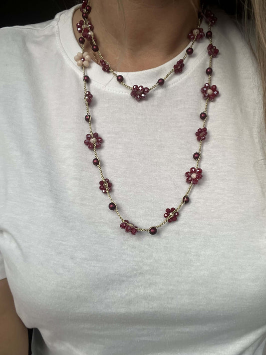 Collana bordò fatta a mano in crochet, lunga 110 cm, anallergica, senza metallo, accessorio artigianale elegante per donna