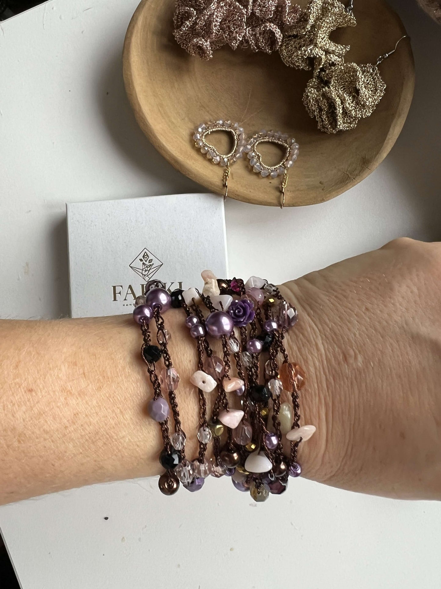 Artisan bohemian crystal and pearl wrap bracelet beige gemstones, versatile long design