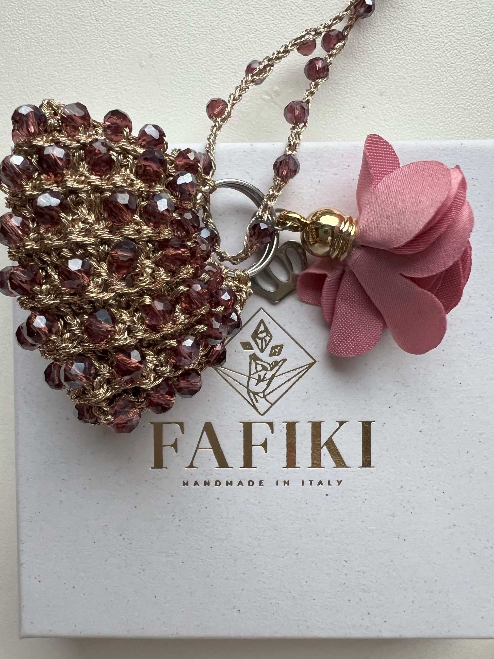 Handmade mini bag pendant necklace with purple crystals and floral charms – unique gift for mom