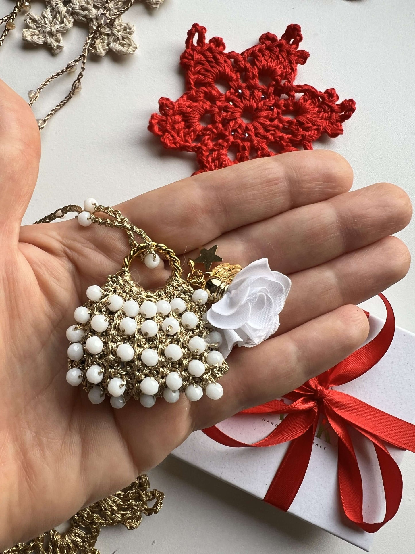 Handmade mini bag pendant necklace in white cloudy dancers crystals with floral charms unique gift for her