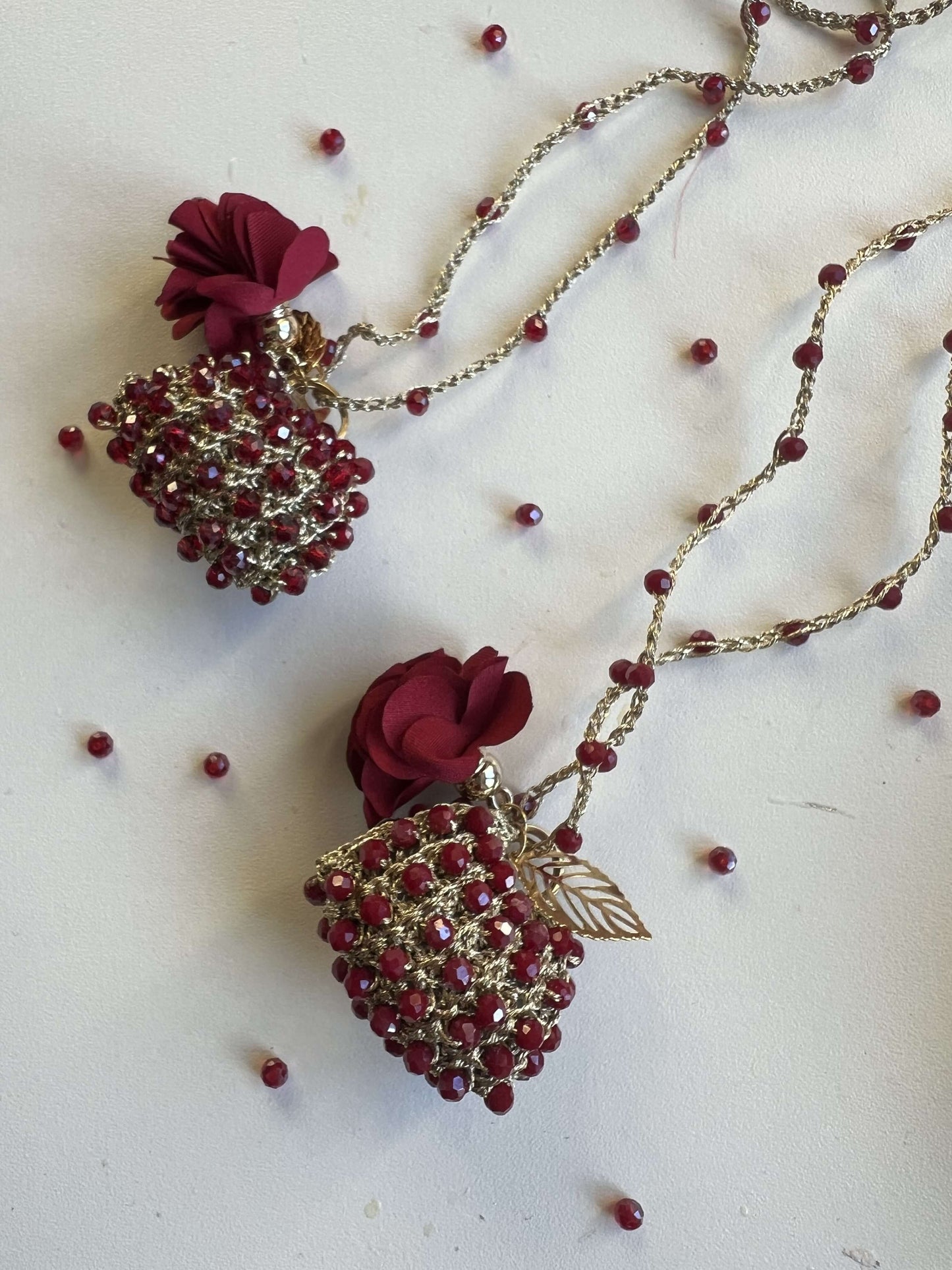 Handmade mini bag pendant necklace with burgundy crystals and floral charms – unique Valentine’s or special gift