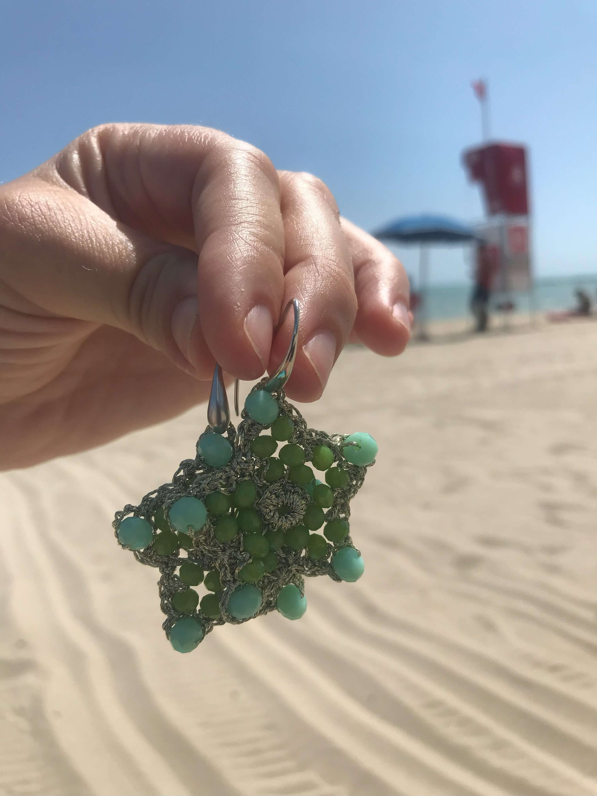  Orecchini artigianali cristalli stella marina - Made Italy filato gioiello handmade. Bijoux mare donna eleganti e particolari