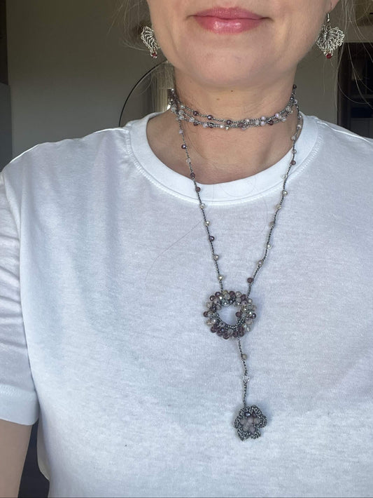 Midnight Heart necklace elegant anthracite gray crystal jewelry, long drop design perfect for layering and sophisticated minimal style