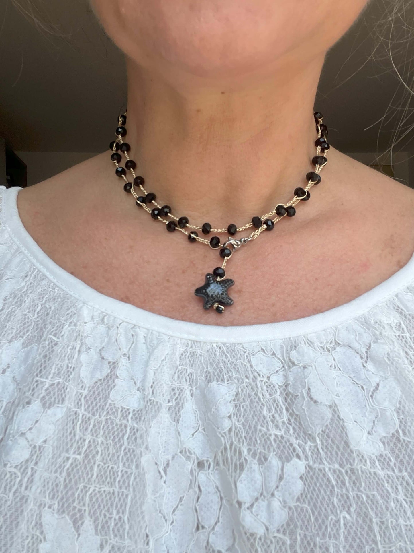 Convertible necklace worn as double wrap choker layered look